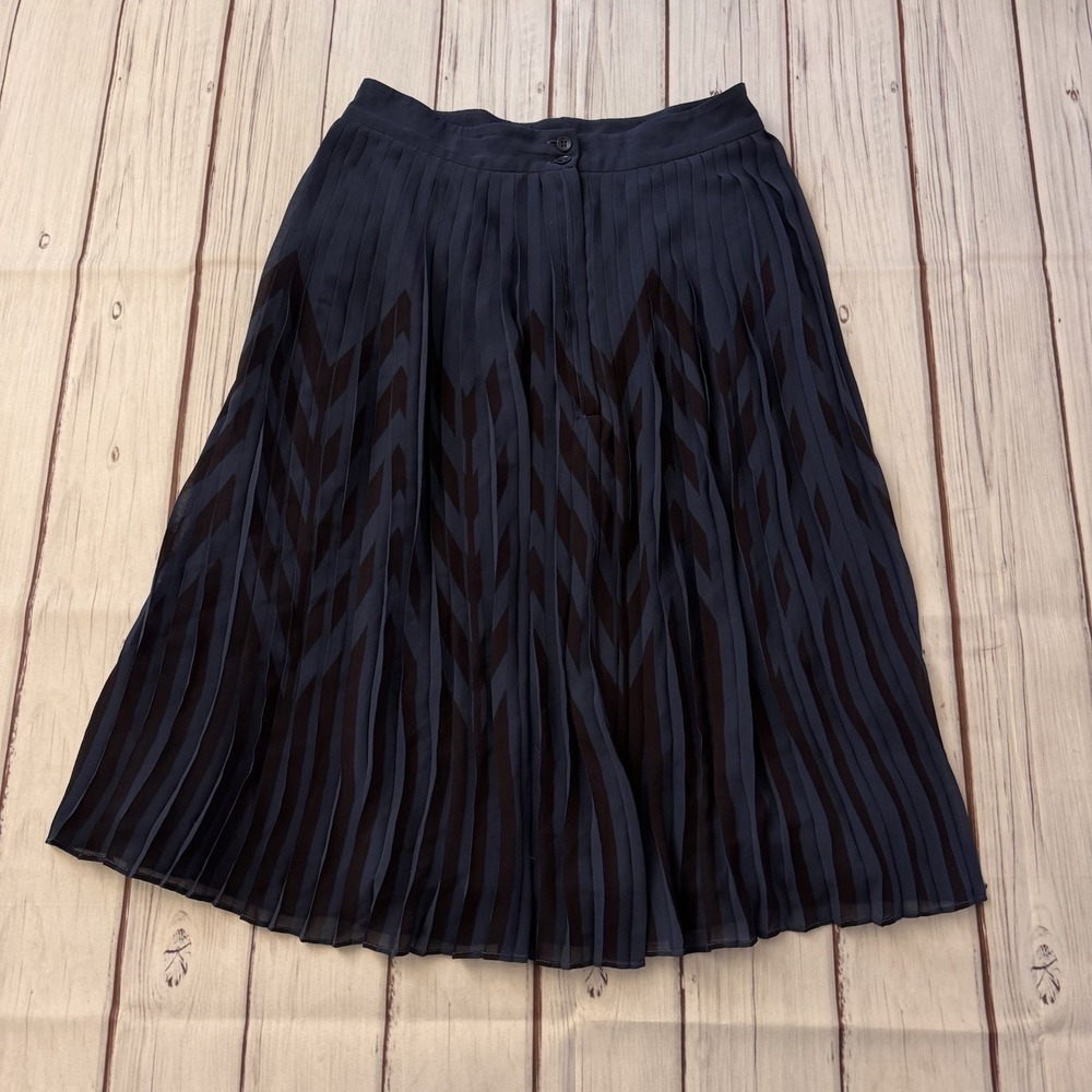 ModCloth Navy Pleated Midi Skirt Sheer Overlay Lined Chevron Pattern Size S Blue